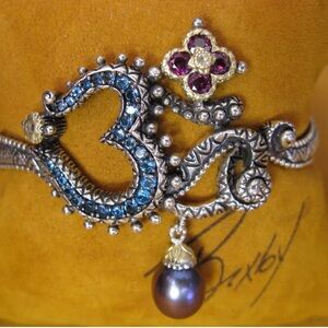 Barbara Bixby Oxidized Stainless Steel Cuff with Blue Topaz, Garnet and Pearl